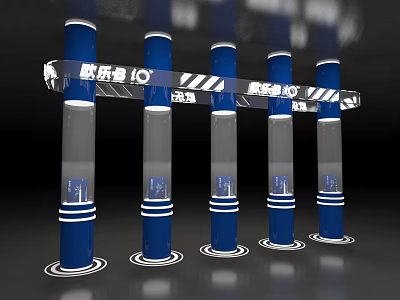 Modern Display Shelves with Blue Pillars Transparent Cases and White Circular Bases 3d model