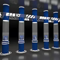 Modern Display Shelves with Blue Pillars Transparent Cases and White Circular Bases