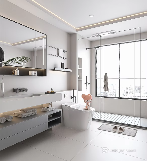 Modern Bathroom Interior Design With Large Mirror Glass Shower Vanity Countertop Towels And Slippers 3d model 