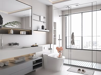 Modern Bathroom Interior Design With Large Mirror Glass Shower Vanity Countertop Towels And Slippers 3d model