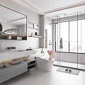 Modern Bathroom Interior Design With Large Mirror Glass Shower Vanity Countertop Towels And Slippers