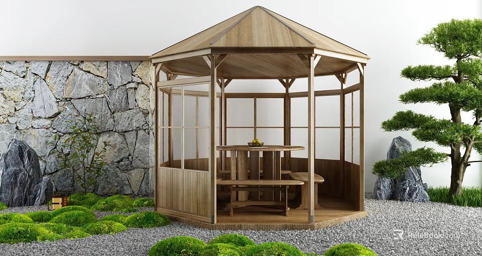 Wooden Garden Gazebo with Glass Windows Stone Wall and Green Plants 3d model 