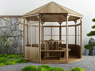 Wooden Garden Gazebo with Glass Windows Stone Wall and Green Plants 3d model