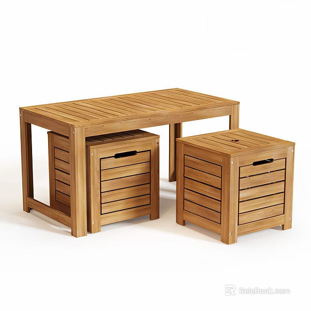 Solid Wood Table And Storage Stools Set For Home Living Space 3d model