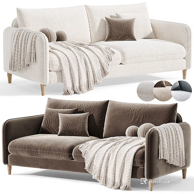 Modern Two Seater Velvet Sofa In Beige And Brown With Pillows And Blanket 3d model 