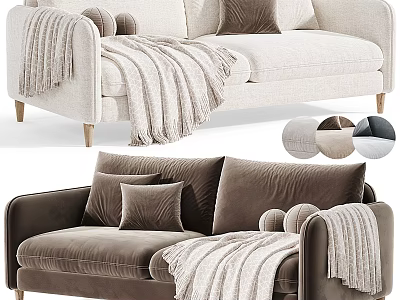 Modern Two Seater Velvet Sofa In Beige And Brown With Pillows And Blanket 3d model