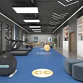 Modern Fitness Studio Interior With Comfortable Sofas Round Tables Plants And Bookshelves 3d model