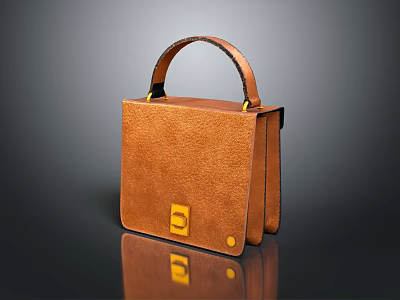 Brown Leather Handbag With Textured Surface Gold Square Buckle And Hand Strap 3d model