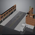 Red Brick Buildings Two Rows Central Road Paved Ground Yellow Lines And Small White Structure