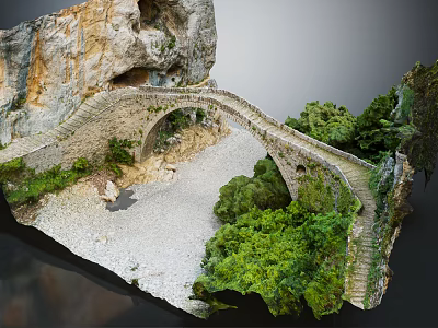 Ancient Stone Bridge In Rocky Cliffs With Green Trees And Gravel Path 3d model