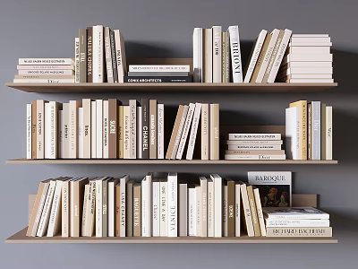Neatly Arranged Books on Light Wooden Bookshelf with Various Thicknesses and Sizes 3d model