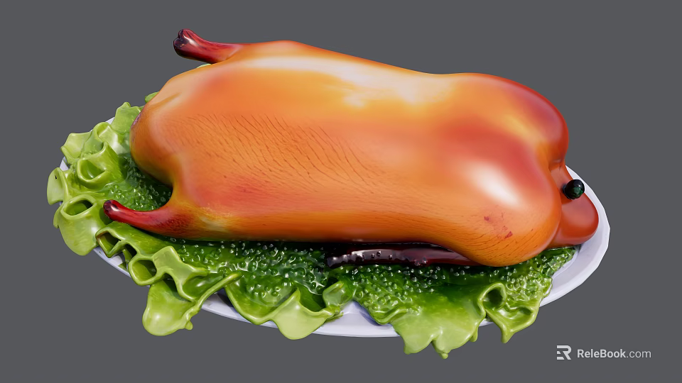Roast Duck Served on Fresh Green Lettuce Leaves on White Plate 3d model 