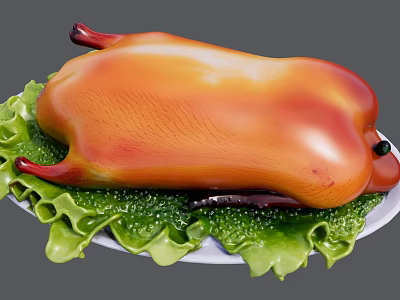 Roast Duck Served on Fresh Green Lettuce Leaves on White Plate 3d model