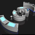Modern Curved Reception Desk Design With Blue Interactive Screens And LED Lighting For Office Lobby