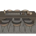 Modern Wooden Tea Table With Six Matching Chairs And Ceramic Tea Set Decor