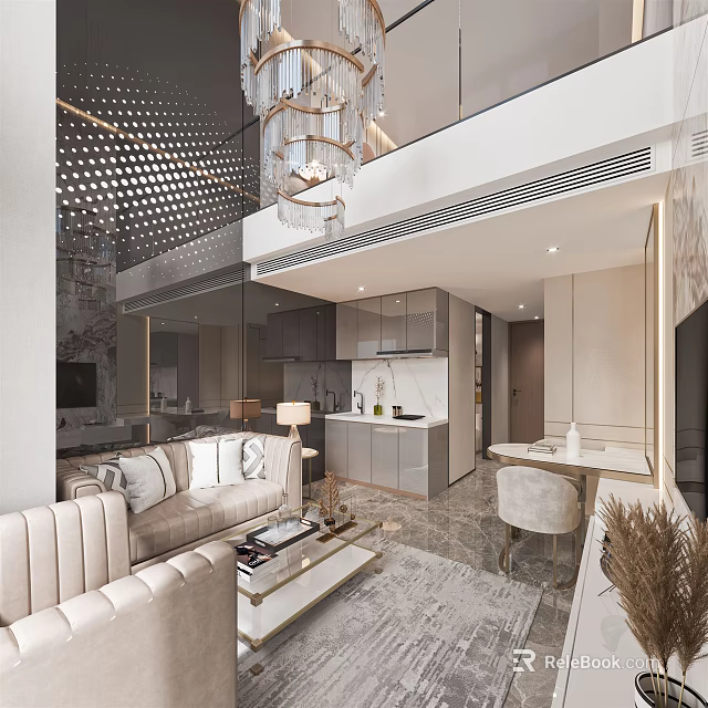 Modern Luxury Apartment Living Room With Open Kitchen Sofa Chandelier Marble Floor to Ceiling Windows 3d model 