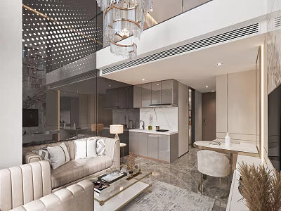Modern Luxury Apartment Living Room With Open Kitchen Sofa Chandelier Marble Floor to Ceiling Windows 3d model