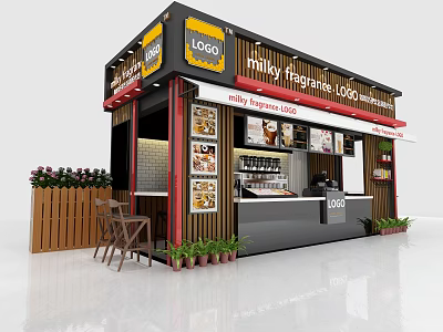 Milky Fragrant Tea Shop Exterior With Wooden Structure Green Plants And Menu 3d model