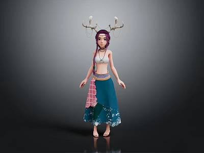 Fantasy Female Character With Deer Antlers White Top And Teal Decorative Skirt Standing Barefoot In Dark Background 3d model