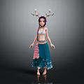 Fantasy Female Character With Deer Antlers White Top And Teal Decorative Skirt Standing Barefoot In Dark Background