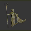 Golden Game And Movie Character Holding Trident With Flowing Cloak In Statue Form