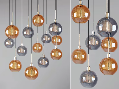 Modern Spherical Transparent And Gold Chandeliers Hanging On White Background 3d model