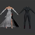 Elegant Woman in White Gown with Long Gloves and Black Armored Outfit