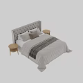 Modern Double Bed With Tufted Headboard Gray Quilt And Small Nightstand 3d model