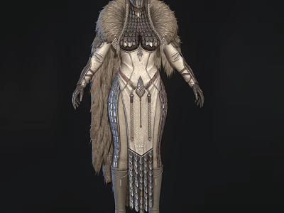 Fantasy Mythical Warrior Character In Fur Collar Robe With Metallic Armor And Tassels 3d model