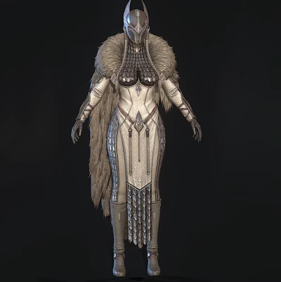 Fantasy Mythical Warrior Character In Fur Collar Robe With Metallic Armor And Tassels 3d model