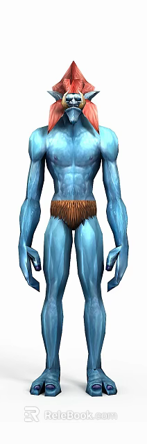 Tech Exhibition Hall Featuring Blue Humanoid Figure With Crystal Texture And Brown Waist Fur 3d model 