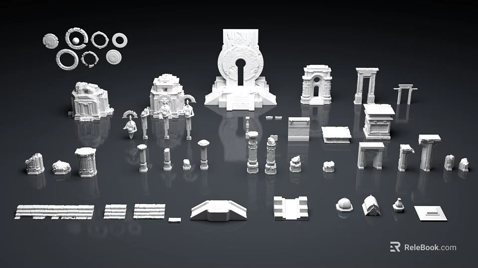 Assorted Scene Building Components Including Door Arches Columns And Decorative Parts 3d model 