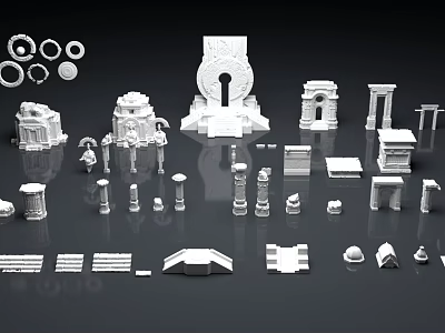 Assorted Scene Building Components Including Door Arches Columns And Decorative Parts 3d model