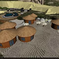 Wooden Dome-Shaped Huts in Stone-Paved Courtyard with Outdoor Hot Spring and Sunshades