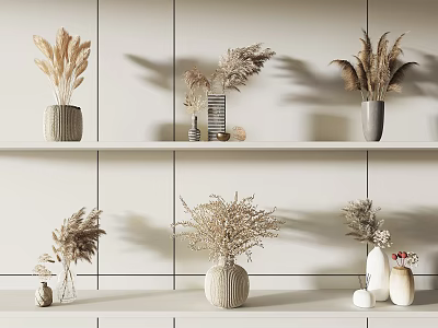 Minimalist Home Decor With Various Vases And Dried Flowers On White Shelves 3d model