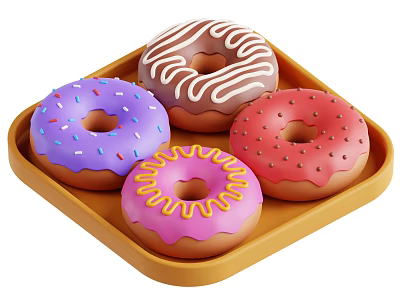 Colorful Donuts with Sprinkles Drizzle and Dots Arranged on Yellow Tray 3d model