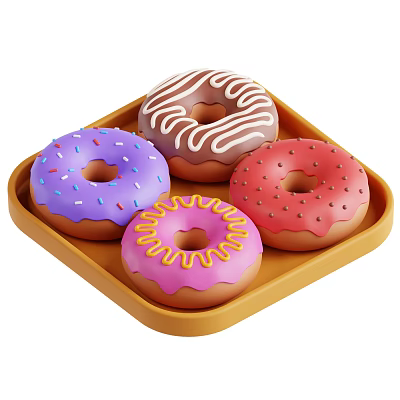 Colorful Donuts with Sprinkles Drizzle and Dots Arranged on Yellow Tray 3d model