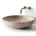 Round Beige Marble Washbasin With Wall Mounted Copper Faucet And Knob