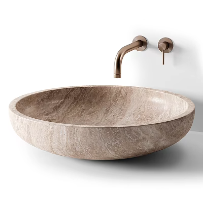 Round Beige Marble Washbasin With Wall Mounted Copper Faucet And Knob 3d model