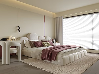 Modern Kids Room With White Bed Rounded Headboard Pink Blanket Pillows Desk And Woven Rug 3d model