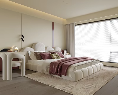 Modern Kids Room With White Bed Rounded Headboard Pink Blanket Pillows Desk And Woven Rug 3d model