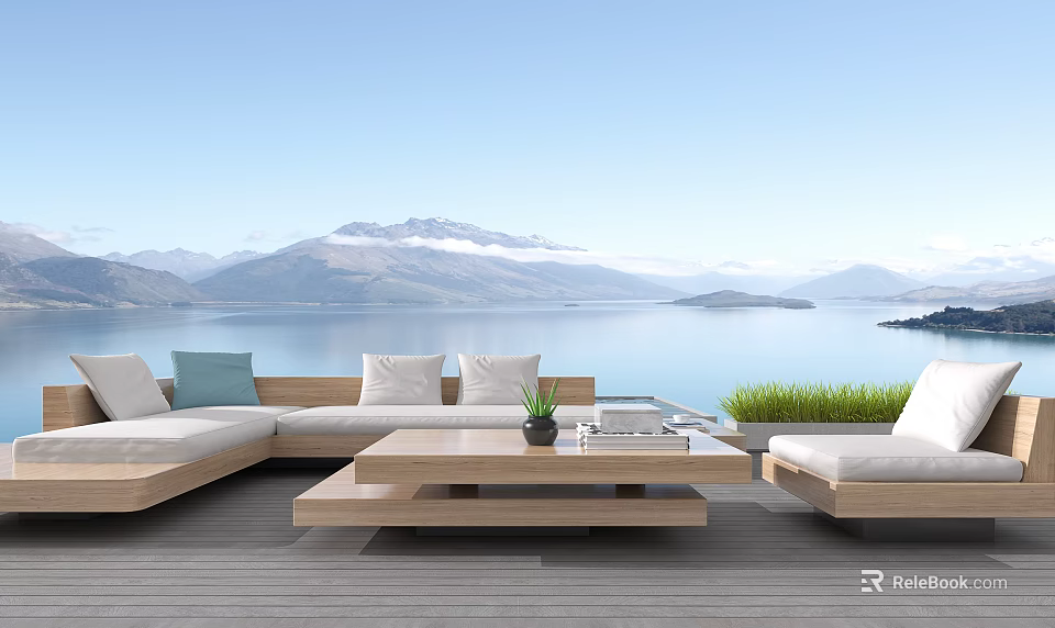 Outdoor Sofa On Wooden Terrace With Lake Mountain View And Coffee Table 3d model 