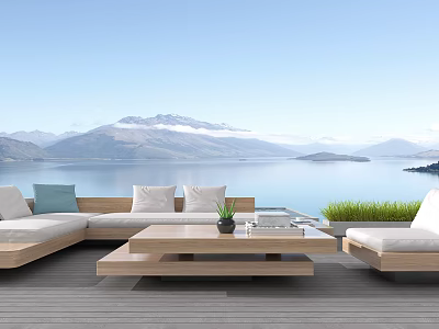 Outdoor Sofa On Wooden Terrace With Lake Mountain View And Coffee Table 3d model