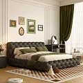 Background Double Bed With Tufted Leather Headboard Green Pillows And Checkered Rug In Bedroom Interior