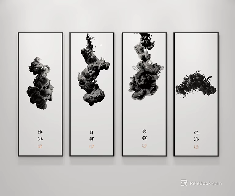 Vertical Chinese Ink Paintings With Black Ink Patterns And Calligraphy Characters 3d model
