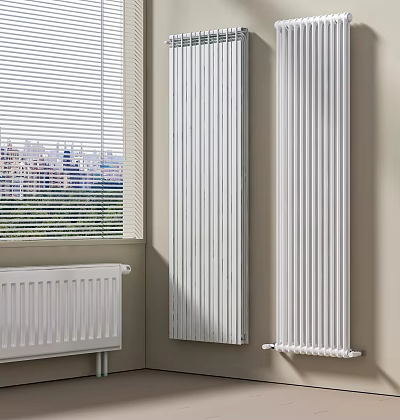 White Radiators Interior Design With Window Blinds And City View Wall 3d model