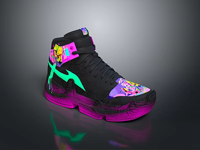 Stylish High Top Sneakers With Colorful Graphics And Pink Purple Green Accents 3d model