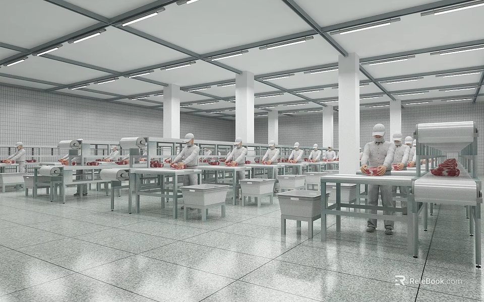 Food Processing Plant Interior With Workers In White Uniforms And Stainless Steel Worktables 3d model 