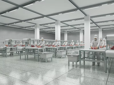 Food Processing Plant Interior With Workers In White Uniforms And Stainless Steel Worktables 3d model