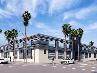 Modern Storefront Building With Gray White Facade Glass Windows Palm Trees And Street Cars 3d model